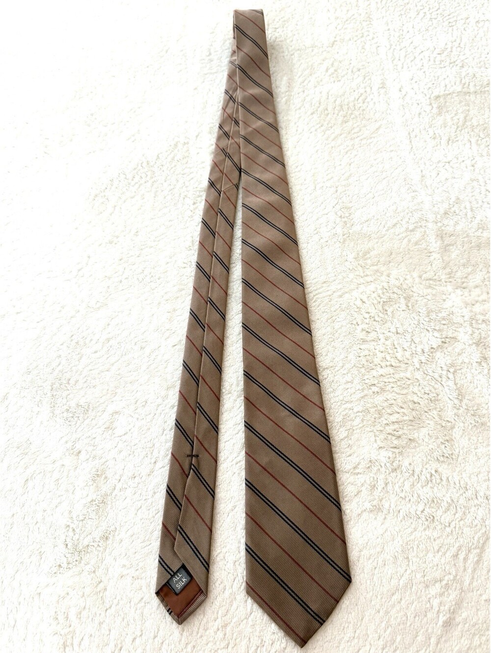 Lee Wright Collection All Silk Tie Tan Blue Red Striped Wide Classic 58”